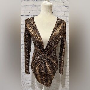 Privy - Black tan gold glitter snakeskin plunge dress size small.